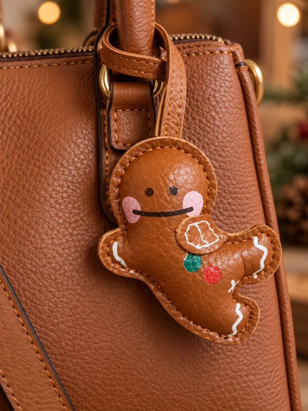 Brown Faux Leather Gingerbread Bag Purse Charm Keychain New